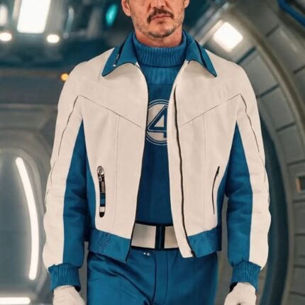 White and blue Reed Richards jacket shown from the front with contrasting panels and rib-knit details.