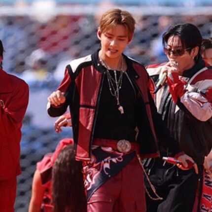 Red black and white leather jacket inspired by modern stage fashion