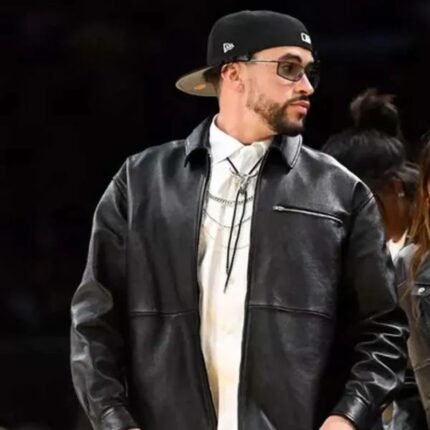 Bad Bunny wearing the black leather jacket, front view