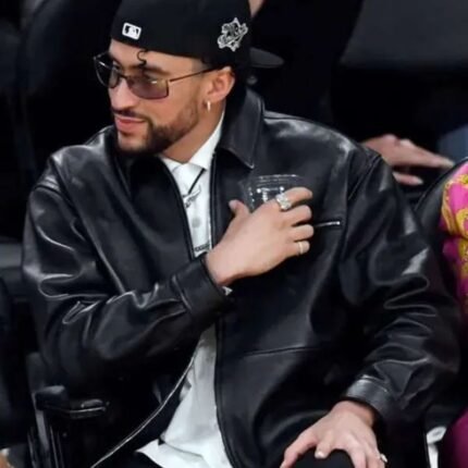 Bad Bunny wearing the black leather jacket, front view outfit