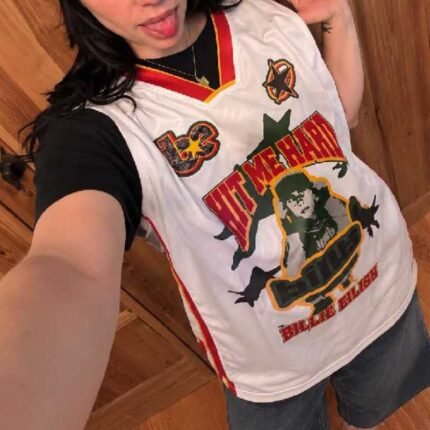 Side view of white Billie Eilish inspired fleece jersey showing sleeveless cut and camo Blohsh design