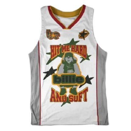 Billie Eilish inspired white fleece jersey with camo Blohsh design, V-neck collar and sleeveless cut shown on a model