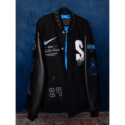 Black Seattle Seahawks Letterman Varsity Jacket Front View