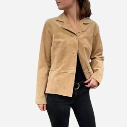 Brandon Thomas jacket in tan suede, front view with button closure.