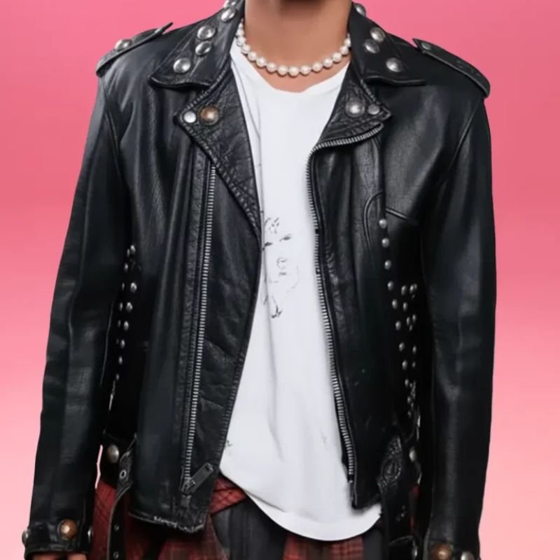 Bruno-Mars-Black-Leather-Studded-Biker-Jacket Bruno Mars Black Leather Studded Biker Jacket - Image 1