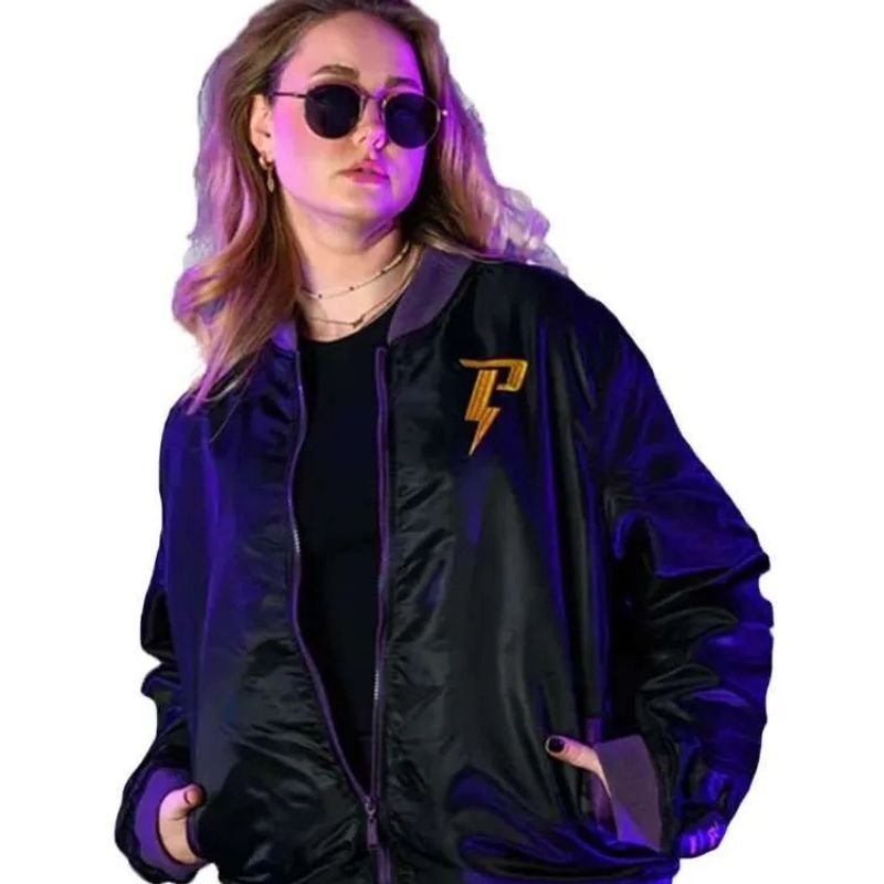 Cakeworthy-Powerline-Black-Satin-Jacket Powerline Bomber Jacket - Image 1
