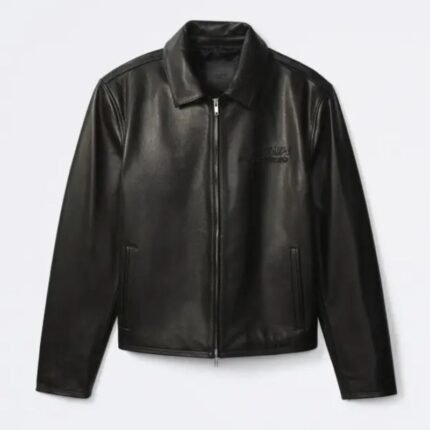 Front view of a black leather racer jacket with a zip closure and two side pockets.