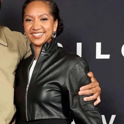 Black leather jacket with stand-up collar worn by a woman at a Silo premiere event