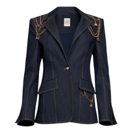 Front view of dark blue denim blazer with gold chain embellishments