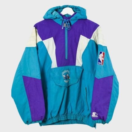 Blue Charlotte Hornets starter jacket with hood and half-zip front