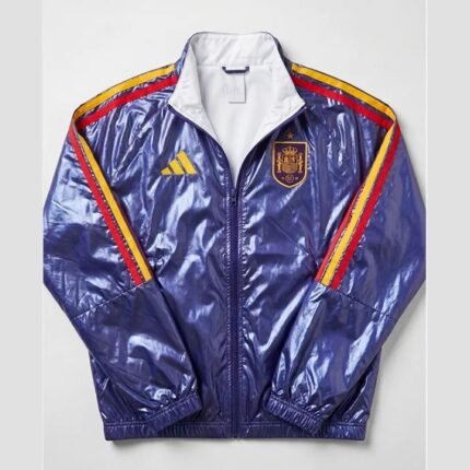 Blue Spain pre-match jacket with red and yellow stripes on white background