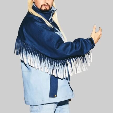 Oliver Fringe Jacket side view with navy blue fringe and light blue panels