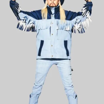 Oliver Fringe Jacket in light blue and navy with western fringe details