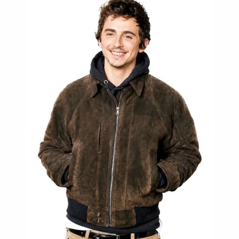 Dune-Part-Three-CinemaCon-2026-Timothee-Chalamet-Suede-Bomber-Jacket Dune Part Three 2026 Timothee Chalamet Brown Suede Bomber Jacket - Image 1