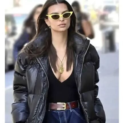 Emily Ratajkowski black puffer jacket, styled shot