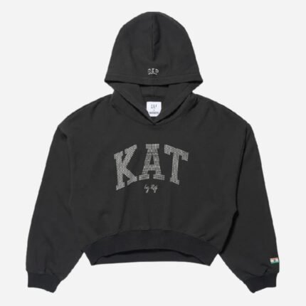 Katseye Lara hoodie in black with rhinestone KAT lettering.