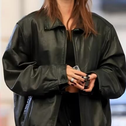 Hailey Bieber Black Jacket in jet-black real leather with shirt-style collar, front zipper, and side pockets