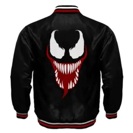 Back view of black Venom Varsity Jacket with leather sleeves and large Venom character graphic