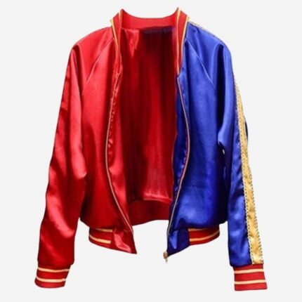 Harley Quinn red and blue satin jacket front view