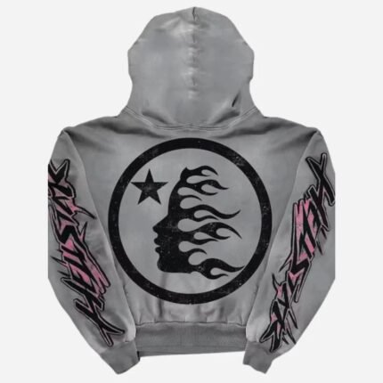 Back of the grey Hellstar hoodie showing the circle flame logo print.