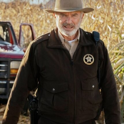 Brown Invasion Sam Neill Jacket with zipper closure, shirt-style collar, and waist pockets