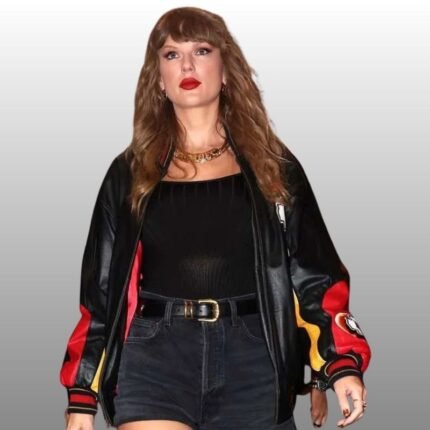 Taylor Swift wearing the Chiefs black leather jacket, front view