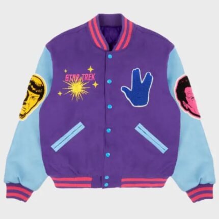 Kid Cudi Star Trek Light Year Varsity Jacket in purple and blue with leather sleeves