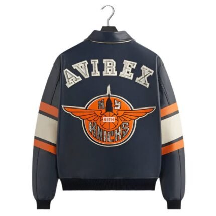 Kith AVIREX Knicks leather jacket back view with New York Knicks graphic