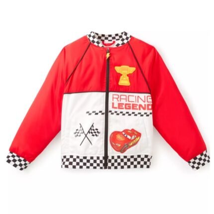 Front view of red Lightning McQueen Racing Legend Jacket with racing graphics and checkerboard trim