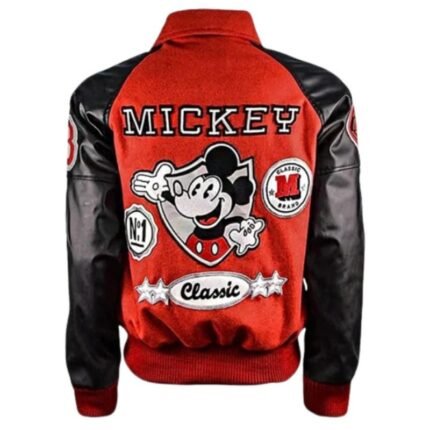 Back view of red and black letterman jacket with Mickey Mouse graphic