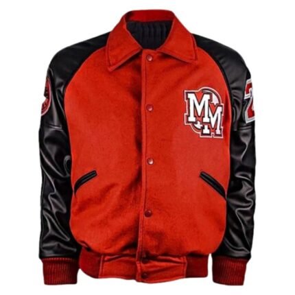 Red and black letterman jacket with black leather sleeves and chest graphic