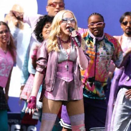 Madonna FIFA World Cup Final 2026 purple satin jacket front view