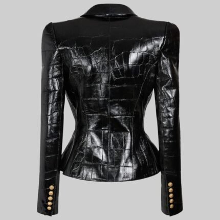 Black leather blazer back view with tailored seams and fitted silhouette