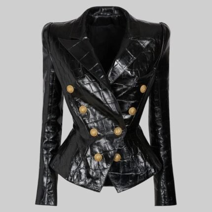 Black leather blazer front view with peak lapel, gold buttons, and tailored silhouette