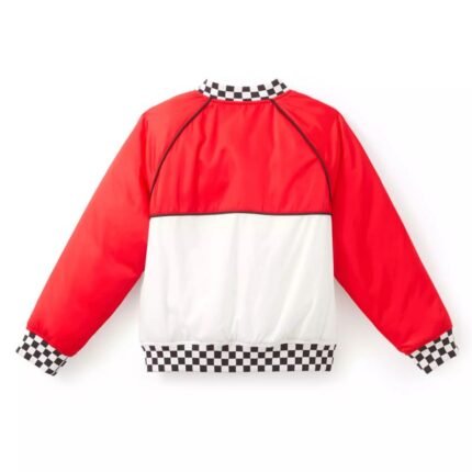 Back view of red Lightning McQueen Racing Legend Jacket with white panel and checkerboard trim