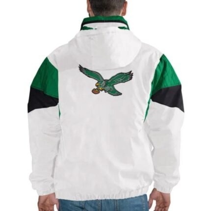 Back view of men's Philadelphia Eagles white pullover jacket with green and black accents and Eagles-inspired back graphic.