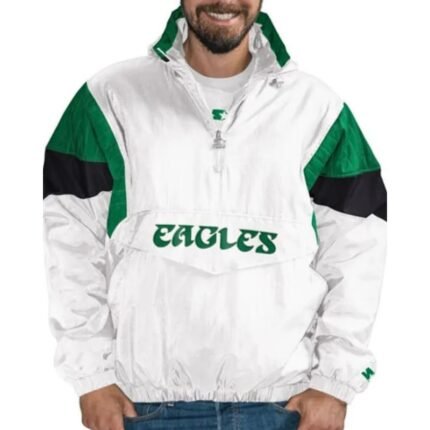 Mens Philadelphia Eagles white pullover jacket with green and black accents, hooded collar, half-zip front, and kangaroo pockets.