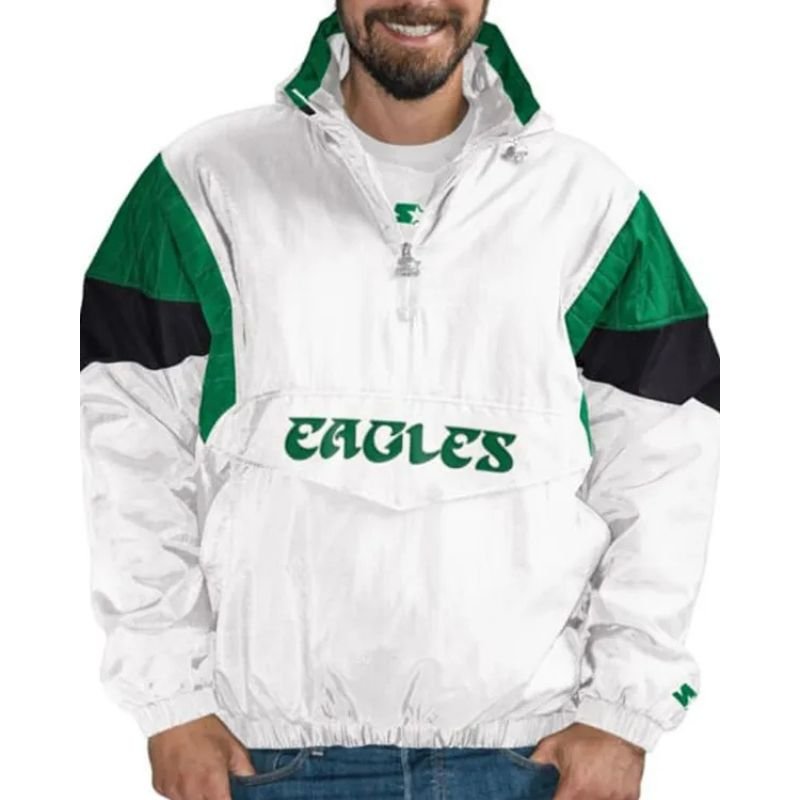 Mens-Philadelphia-Eagles-White-Pullover-Jacket Mens Philadelphia Eagles White Pullover Jacket - Image 1