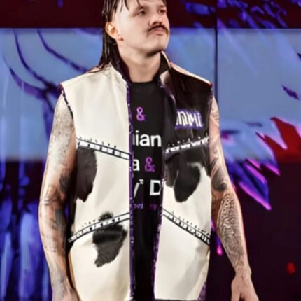 Front view of Monday Night RAW Dominik Mysterio Vest in black and white faux leather