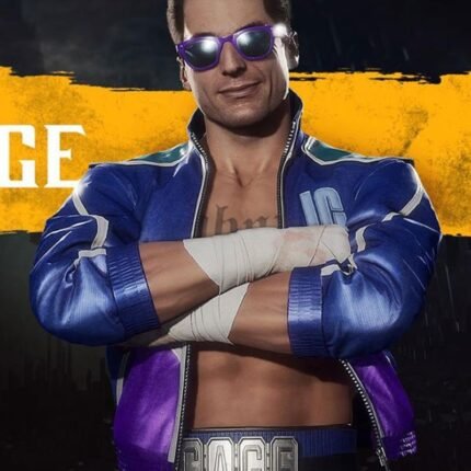 Johnny Cage wearing a blue jacket inspired by the Hollywood Hunk skin