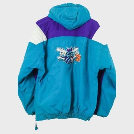 Back view of blue Charlotte Hornets starter jacket with hood