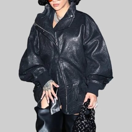 Woman wearing black oversized leather jacket