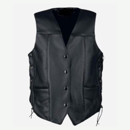 Black Daryl Dixon leather vest with lapel collar and front zipper