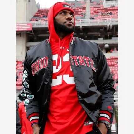 LeBron James Ohio State Jacket in black satin varsity style