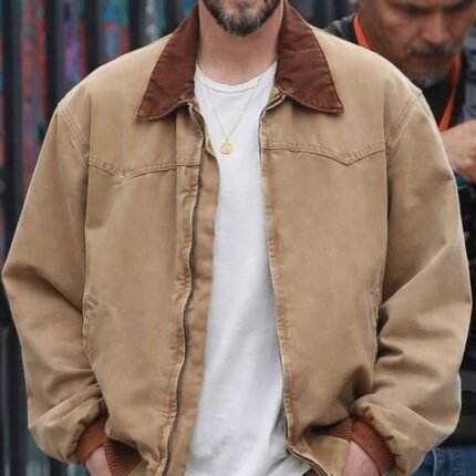 Keanu Reeves wearing the Outcome 2026 jacket front view
