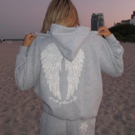 Pink Palm Puff Miami Cloud Club grey hoodie back view with large graphic