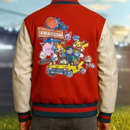 Back view of red and beige Pikachu varsity jacket with colorful championship graphic
