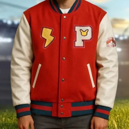 Front view of red and beige Pikachu varsity jacket with patches and leather sleeves