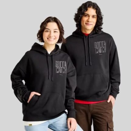 Young models wearing matching black Pokemon youth hoodies