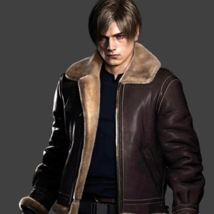 Brown Leon Kennedy bomber leather jacket with faux fur collar worn by a model
